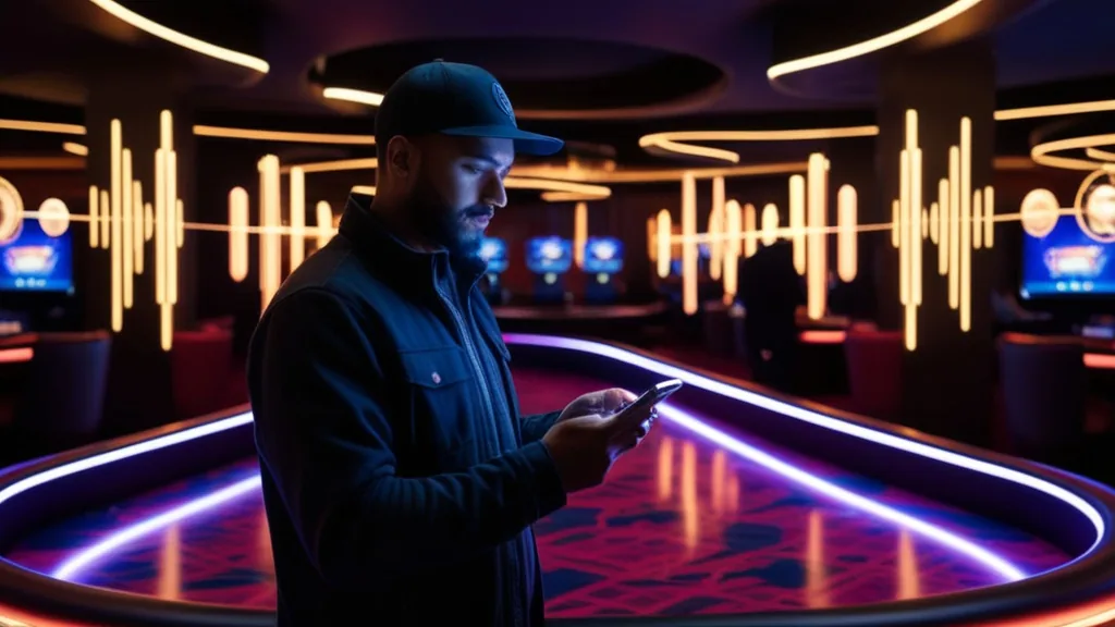 Persona usa il telefono in un casino scuro con interfaccia mobile luminosa