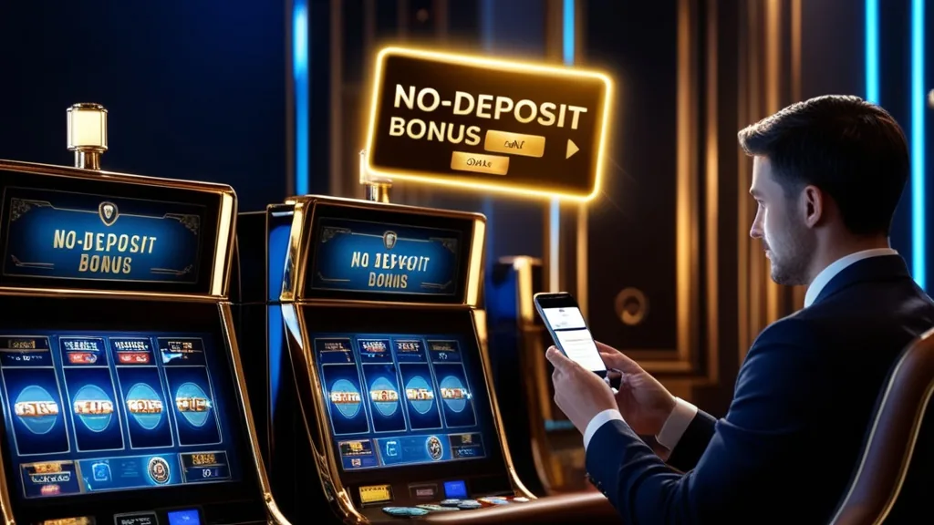 Carta bonus senza deposito luminosa accanto a una slot in un casinò scuro