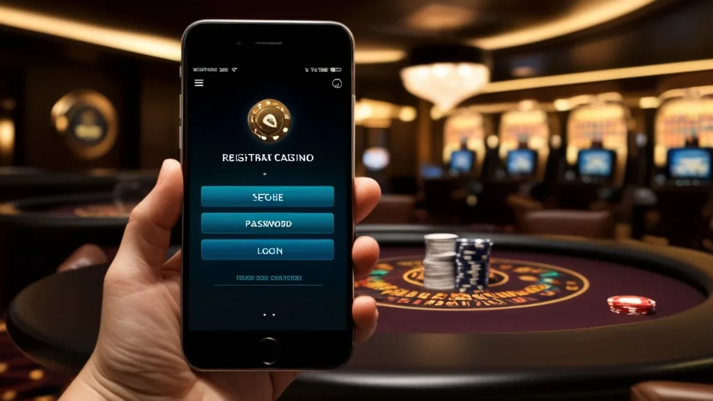 Schermata di registrazione e accesso su smartphone in un ambiente casino scuro