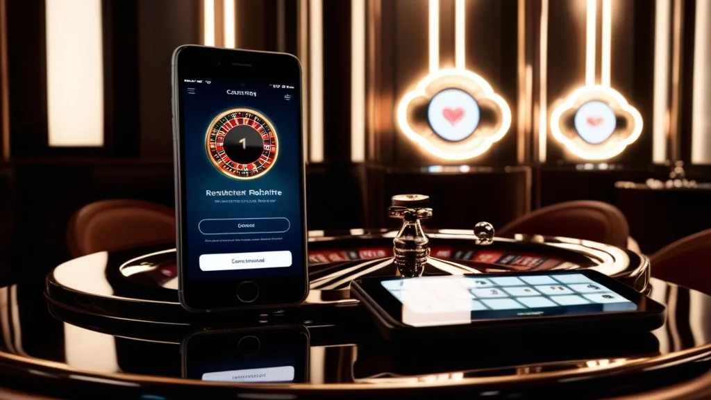Smartphone su tavolo da casino con schermata di download e luci neon